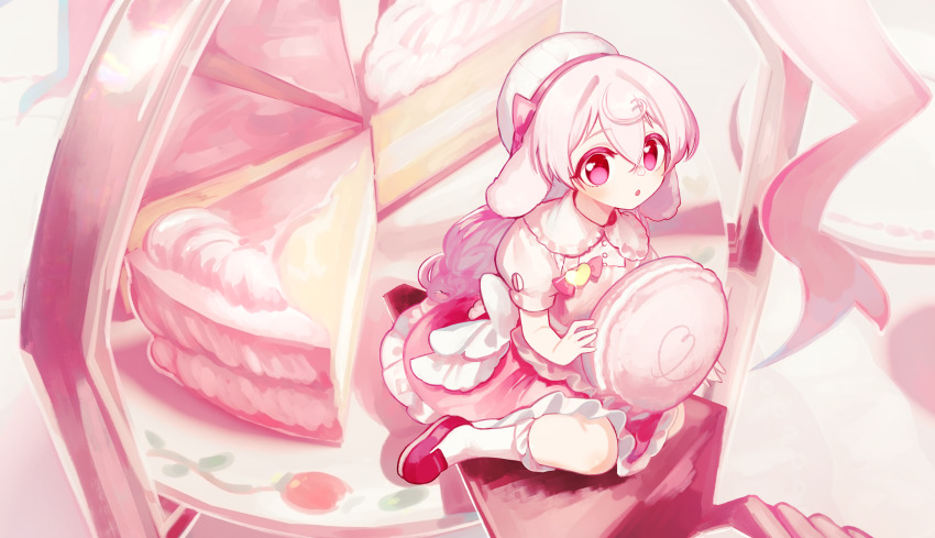 1girl absurdres animal_ears beret bow cake cake_slice cake_stand commentary_request dress flat_chest food hat heart highres holding holding_food long_hair lop_rabbit_ears macaron mini_person minigirl narusuke_kbc open_mouth original pink_bow pink_eyes pink_theme plate rabbit_ears solo sweets very_long_hair white_dress white_hair white_hat