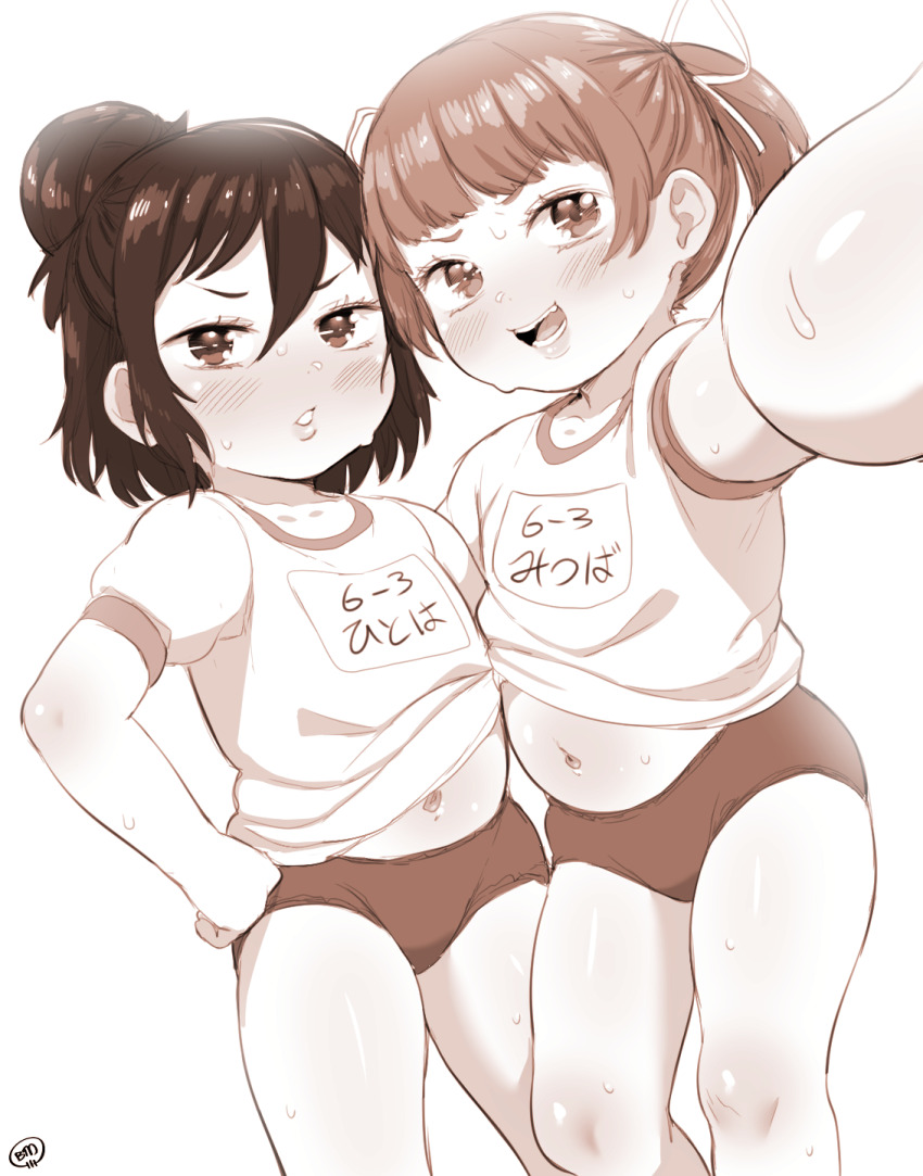 2girls blush born-to-die buruma clothes_lift collarbone fang flat_chest gym_uniform hair_bun hair_ribbon hand_on_own_hip highres loli looking_at_viewer marui_hitoha marui_mitsuba mitsudomoe_(manga) monochrome multiple_girls name_tag navel open_mouth parted_lips ribbon selfie shirt shirt_lift short_hair short_sleeves siblings sisters smile standing sweat teeth twintails