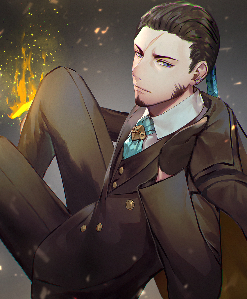 1boy belt black_hair black_suit blue_necktie coat commentary_request facial_hair formal_clothes goatee gun highres long_hair male_focus mature_male necktie pants penguu_(green528) ponytail ricardo_soldato scar scar_on_face shirt sitting solo suit tales_of_(series) tales_of_innocence trench_coat weapon