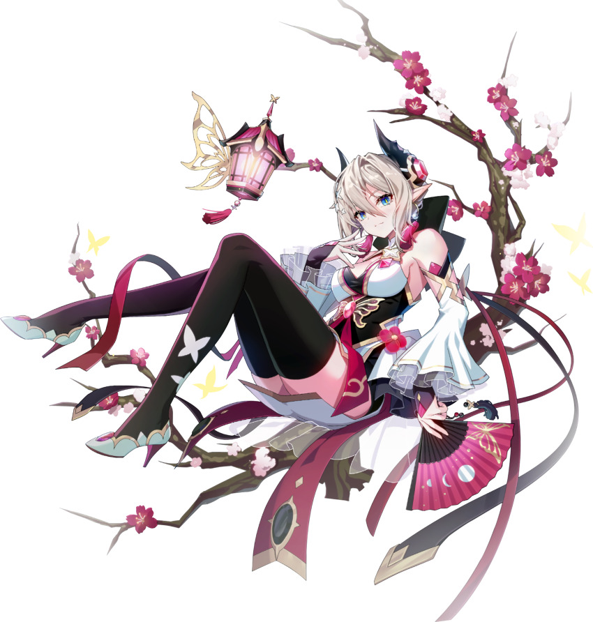 1girl absurdres armpits black_gloves black_horns black_thighhighs blue_eyes branch breasts bridal_gauntlets bug butterfly cleavage_cutout closed_eyes clothing_cutout detached_sleeves dragon_girl dragon_horns dress fingerless_gloves flower frills gloves grand_chase grey_hair hand_fan high_heels highres holding holding_fan horns insect lace_trim lantern medium_breasts official_alternate_costume official_art paper_fan plum_blossoms pointy_ears side_slit sideboob sitting sitting_on_object sleeveless sleeveless_dress slit_pupils solo tachi-e thighhighs thighs tiamat_(grand_chase) transparent_background tsurime white_sleeves wide_sleeves