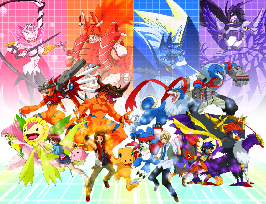 agumon_(digimon_savers) armor daimon_masaru_(digimon_savers) digimon falcomon_(digimon_savers) fujieda_yoshino gaomon geogreymon lalamon lilamon machgaogamon miragegaogamon miragegaogamon_burst_mode monster_girl noguchi_ikuto peckmon plant_girl ravmon ravmon_burst_mode rizegreymon rosemon rosemon_burst_mode shinegreymon shinegreymon_burst_mode smile thoma_h._norstein tyrannosaurus_rex wings yatagaramon_(digimon_savers)