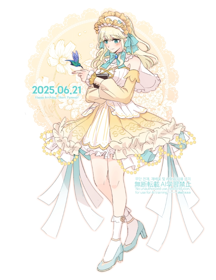 1girl ankle_strap aqua_bow aqua_bowtie aqua_ribbon aqua_shoes armpit_crease bare_shoulders beauty_(fairy_tale_character) beauty_(fairy_tale_character)_(cosplay) beauty_and_the_beast_(fairy_tale) bird blonde_hair blue_brooch blush book bow bowtie closed_mouth collar collared_cape commentary cosplay dee0333 dress dress_ribbon floral_background flower flower_request footwear_flower frilled_collar frilled_dress frilled_hairband frilled_sleeves frilled_socks frills full_body gem gradient_ribbon green_eyes hair_ribbon hairband hand_up happy_birthday high_heels highres holding holding_book hugging_book hugging_object hummingbird index_finger_raised invisible_floor kneehighs korean_commentary layered_dress long_hair long_sidelocks long_sleeves looking_at_animal official_alternate_costume orange_hairband pearl_(gemstone) pleated_dress print_dress puffy_long_sleeves puffy_sleeves ribbon shoes short_cape short_dress shoujo_kageki_revue_starlight shoujo_kageki_revue_starlight_-re_live- sidelocks smile socks solo standing strapless strapless_dress swept_bangs two-tone_background two-tone_dress two-tone_hairband white_background white_collar white_dress white_ribbon yellow_background yellow_dress yellow_flower yellow_sleeves yumeoji_shiori
