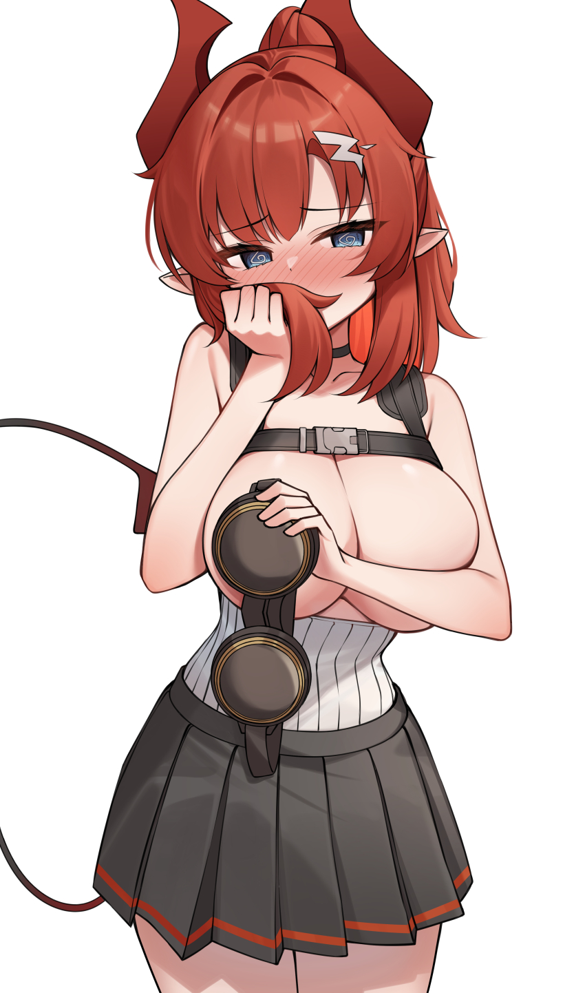 1girl @_@ absurdres belt black_belt black_choker black_skirt blue_archive blue_eyes blush breasts chest_belt choker commentary covering_breasts covering_privates hair_ornament hairclip highres holding holding_own_hair horns korean_commentary large_breasts long_hair looking_at_viewer megu_(blue_archive) no_bra pleated_skirt pointy_ears red_hair red_horns red_tail ribbed_shirt shirt simple_background skirt solo tail thighs white_background white_shirt ziro_(zirorong)