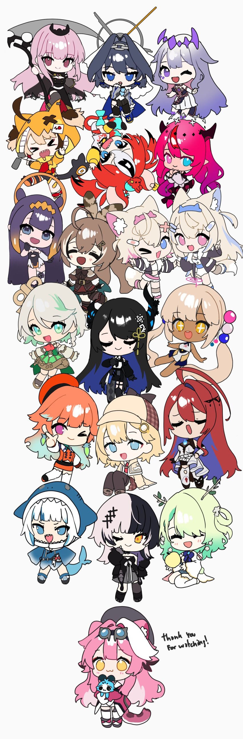 &gt;_&lt; &gt;_o 6+girls :3 :d ;d absurdres ahoge animal_ears apple ascot belt beret black_hair blonde_hair blue_eyes blue_hair bow breasts brown_hair cape cat_girl cecilia_immergreen cecilia_immergreen_(1st_costume) ceres_fauna ceres_fauna_(1st_costume) chattino_(raora_panthera) chibi closed_eyes closed_mouth commentary dark-skinned_female dark_skin demon_horns dog_ears dog_girl dress elizabeth_rose_bloodflame elizabeth_rose_bloodflame_(1st_costume) english_commentary everyone feather_hair_ornament feathers food fruit fuwawa_abyssgard fuwawa_abyssgard_(1st_costume) gawr_gura gawr_gura_(1st_costume) gigi_murin gigi_murin_(1st_costume) goggles goggles_on_head gradient_hair green_eyes green_hair grey_hair hair_intakes hair_ornament hakos_baelz hakos_baelz_(1st_costume) halo hat heterochromia highres holding holding_scythe holoadvent holocouncil holojustice hololive hololive_english holomyth holopromise hood hood_up horns huge_ahoge irys_(hololive) irys_(irys_2.0)_(hololive) jacket koseki_bijou koseki_bijou_(1st_costume) long_hair mococo_abyssgard mococo_abyssgard_(1st_costume) mole mole_under_eye mori_calliope mori_calliope_(1st_costume) mouse_ears mouse_girl mouse_tail mr._squeaks_(hakos_baelz) multicolored_hair multiple_girls nanashi_mumei nanashi_mumei_(1st_costume) necktie nerissa_ravencroft nerissa_ravencroft_(1st_costume) ninomae_ina&#039;nis ninomae_ina&#039;nis_(1st_costume) one_eye_closed onesie open_mouth orange_hair ouro_kronii ouro_kronii_(1st_costume) pink_hair pointy_ears ponytail purple_eyes purple_hair raora_panthera raora_panthera_(1st_costume) raora_panthera_(artist) red_eyes red_hair scythe shark_girl sharp_teeth shiori_novella shiori_novella_(1st_costume) short_hair shorts siblings simple_background sisters skirt smile split-color_hair streaked_hair tail takanashi_kiara takanashi_kiara_(1st_costume) teeth thank_you thighhighs tiara tsukumo_sana tsukumo_sana_(1st_costume) twins twintails two-tone_hair very_long_hair vest virtual_youtuber watson_amelia watson_amelia_(1st_costume) white_background white_hair yellow_eyes