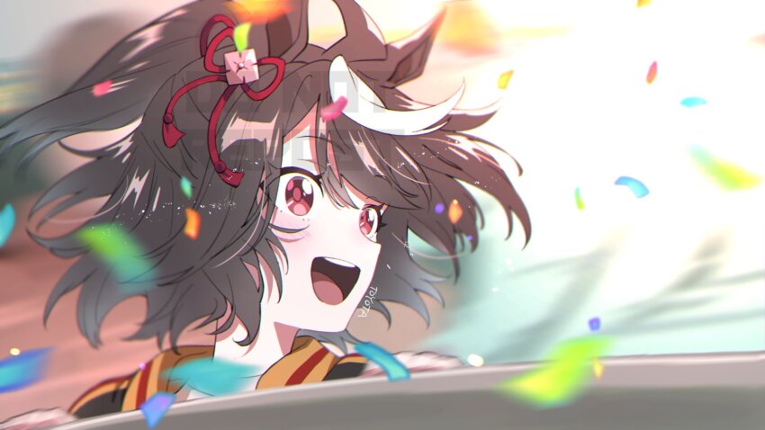 1girl :d animal_ears artist_name black_hair hair_between_eyes hair_ribbon highres horse_ears horse_girl kitasan_black_(umamusume) looking_to_the_side multicolored_hair open_mouth ponytail red_eyes red_ribbon ribbon short_hair smile solo streaked_hair toyota_akiko two-tone_hair umamusume umamusume_(anime) upper_body