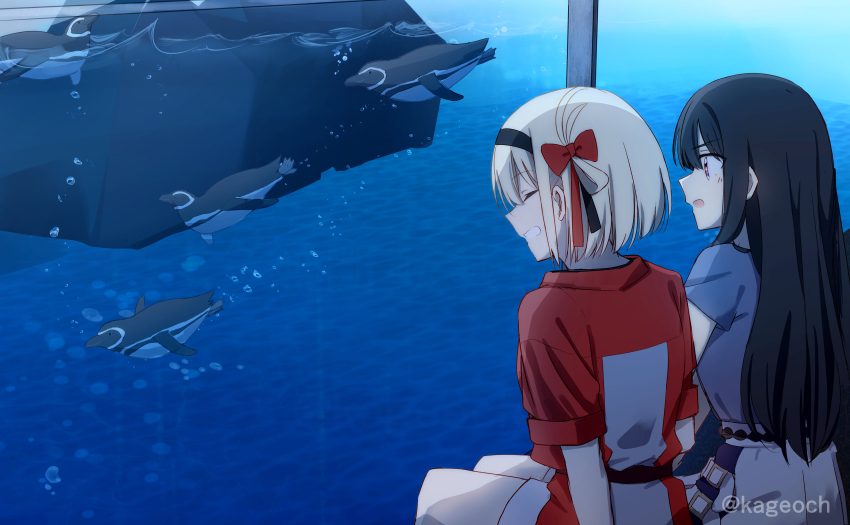 2girls absurdres air_bubble aquarium bird black_hair black_hairband blonde_hair bow bubble closed_eyes commentary grey_shirt hair_bow hairband highres inoue_takina jacket kage_ochi long_hair lycoris_recoil multiple_girls nishikigi_chisato open_mouth penguin purple_eyes red_bow red_jacket shirt short_hair short_sleeves sitting skirt smile twitter_username white_skirt