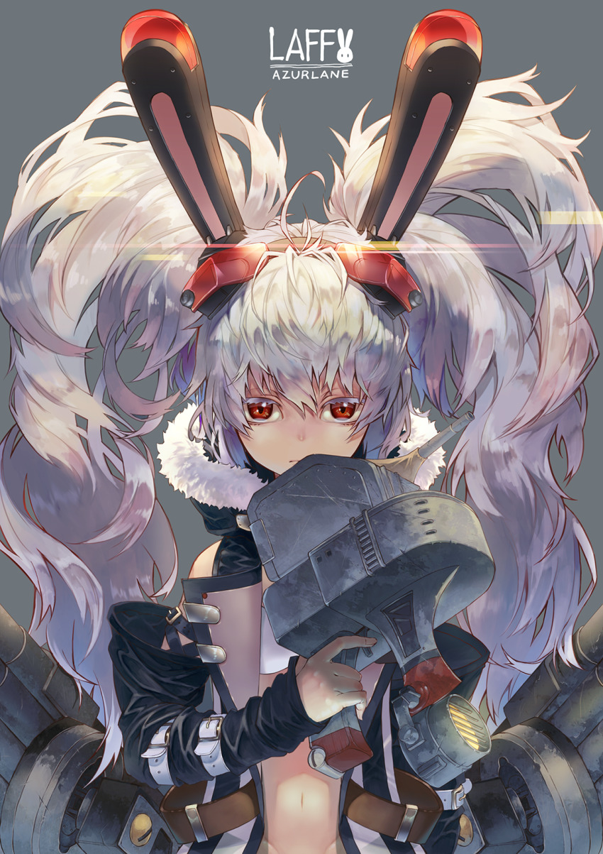 1girl 9ji animal_ears azur_lane bikini bikini_top_only detached_sleeves female_focus fur-trimmed_jacket fur_trim hair_between_eyes hairband headband headgear highres jacket laffey_(azur_lane) laffey_(retrofit)_(azur_lane) navel open_clothes open_jacket pink_jacket rabbit_ears red_eyes remodel_(azur_lane) rigging silver_hair sleeveless sleeveless_jacket solo swimsuit twintails white_bikini