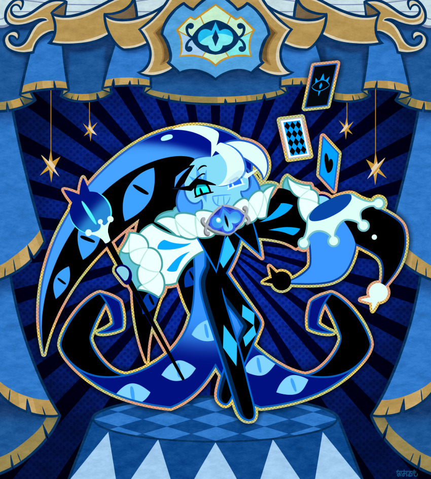 1boy aqua_eyes artist_name blue_eyes blue_hat blue_skin blue_theme brooch card colored_eyelashes colored_skin commentary_request cookie_run cookie_run:_kingdom curtains eye_print eyes_visible_through_hair full_body grin hat heterochromia highres humanization jester jester_cap jewelry long_legs long_sleeves looking_at_viewer male_focus mismatched_eyelashes neck_ruff outline outstretched_arms partial_commentary puff_and_slash_sleeves puffy_long_sleeves puffy_sleeves sasakinao shadow_milk_cookie smile solo white_eyelashes white_hair wide_sleeves yellow_outline