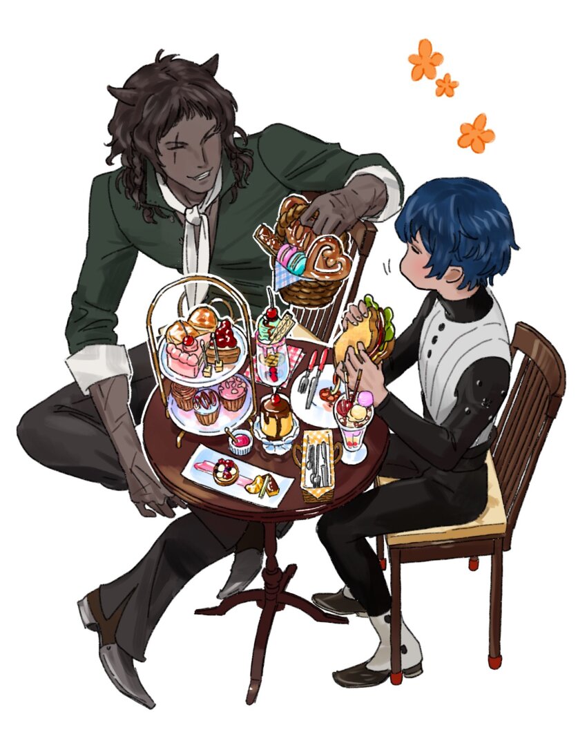 2boys animal_ears basilio_(metaphor:_refantazio) basket black_footwear black_pants black_shirt blue_hair braid brown_hair cake cake_slice chair cherry chewing closed_eyes cupcake dark-skinned_male dark_skin eating figure_four_sitting food fork fruit grin highres holding holding_basket holding_food holding_sandwich knife long_sleeves macaron male_focus metaphor:_refantazio motion_lines multiple_boys napkin near_near on_chair pants parfait protagonist_(metaphor:_refantazio) pudding sandwich scar scar_across_eye scar_on_arm scar_on_face scarf shirt short_hair side_braid simple_background sitting sleeve_cuffs smile strawberry table teeth utensil vest wafer_stick white_background white_scarf white_vest