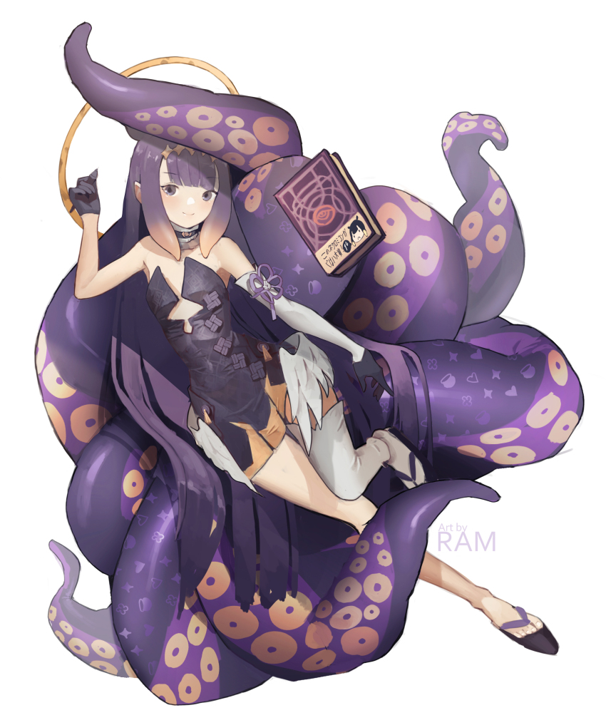 1girl absurdres ao-chan_(ninomae_ina&#039;nis) bare_shoulders black_dress black_gloves blunt_bangs closed_mouth commentary cutout_above_navel diamond_hairband dress elbow_gloves english_commentary flat_chest gloves gradient_hair halo highres hololive hololive_english light_smile long_hair looking_at_viewer low_wings multicolored_hair ninomae_ina&#039;nis ninomae_ina&#039;nis_(1st_costume) okobo platform_sandals purple_hair sandals simple_background single_bare_foot single_elbow_glove single_thighhigh solo strapless strapless_dress sweetcassava tabi tentacle_hair tentacles thighhighs tube_dress very_long_hair virtual_youtuber white_background wings