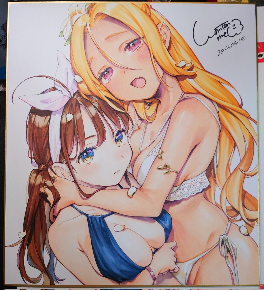 2girls ahoge arm_under_breasts armlet artist_name between_breasts bikini blonde_hair blue_bikini blue_eyes blush bow bracelet breasts brown_hair chin_rest cleavage closed_mouth commentary_request dated fang flower hair_between_eyes hair_bow hair_flower hair_ornament hair_ribbon head_on_head head_rest highres hug jewelry light_blush long_hair looking_at_viewer medium_breasts millipen_(medium) multicolored_eyes multiple_girls multiple_rings open_mouth original pen_(medium) petals photo_(medium) pink_eyes pinky_ring raised_eyebrows ribbon ring shikishi side-tie_bikini_bottom side_ponytail signature skin_fang swimsuit thumb_ring traditional_media wantan_meo white_bikini white_flower yellow_eyes