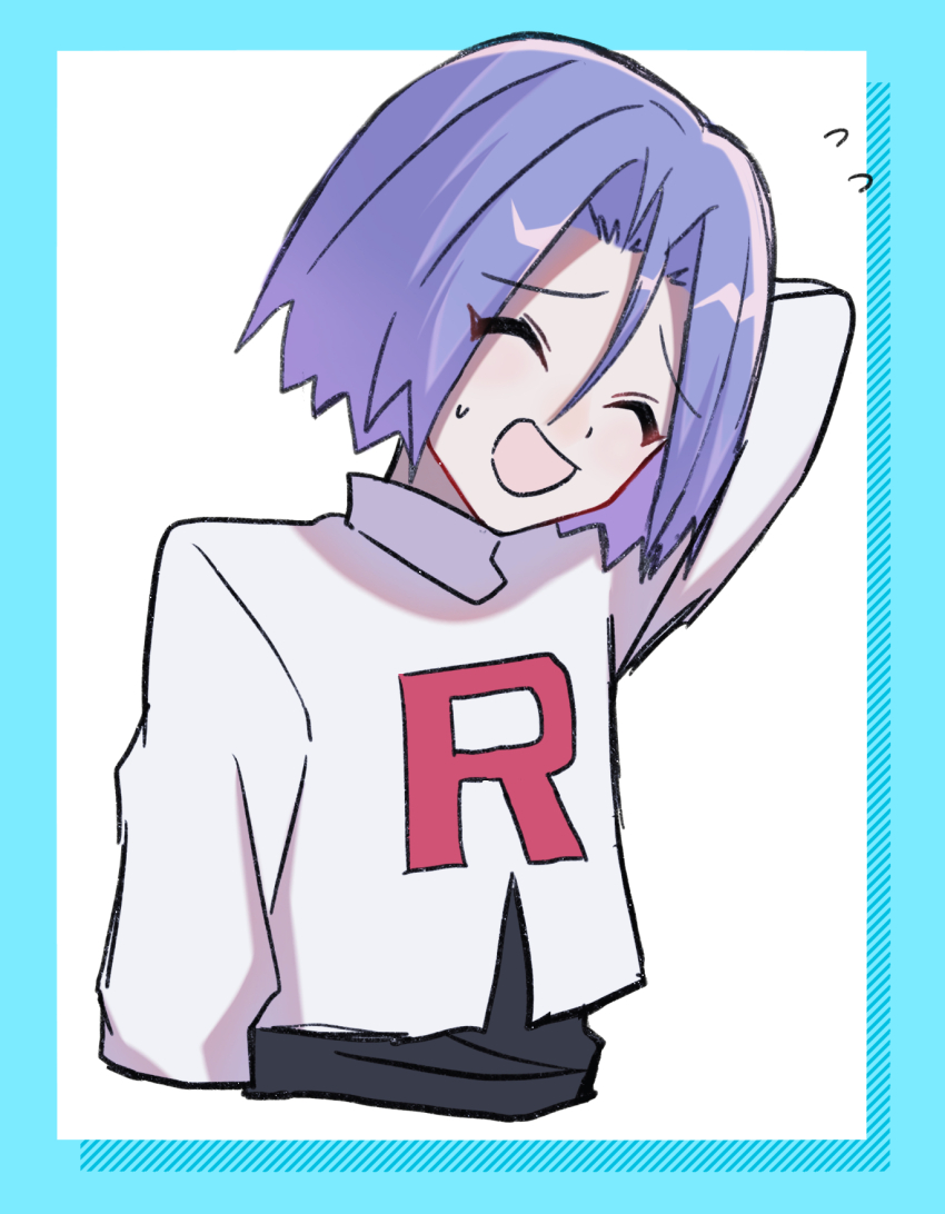 1boy blue_hair closed_eyes embarrassed highres james_(pokemon) male_focus nintendo open_mouth pokemon pokemon_(anime) pokemon_(classic_anime) shy solo solo_focus team_rocket team_rocket_uniform white_background yuzutan_(zvhc3728)