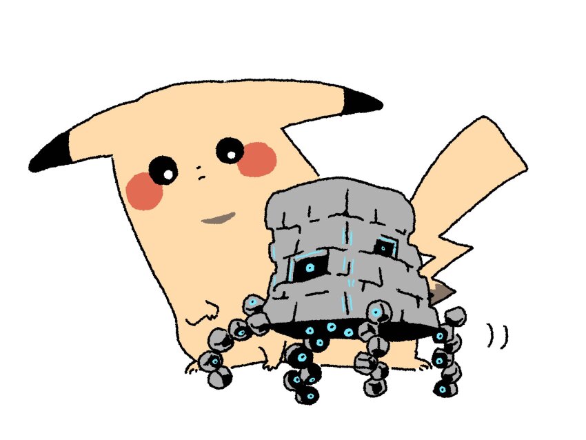 00tamakichi all_fours alternate_size black_eyes blue_eyes closed_mouth dot_nose ears_down extra_eyes gen_1_pokemon gen_7_pokemon highres light_frown looking_ahead looking_at_another motion_lines nintendo no_humans paw_up pikachu pokemon simple_background stakataka standing ultra_beast white_background yellow_fur