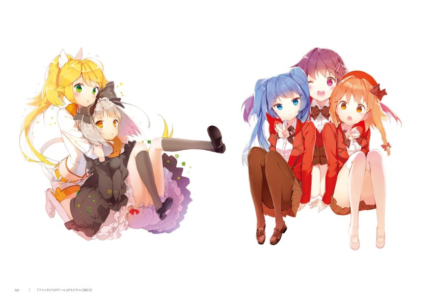 5girls akari_(fantasista_doll) anmi arms_around_neck black_dress blonde_hair blue_eyes blue_hair bow brown_eyes brown_hair dress fantasista_doll green_eyes hair_ornament multiple_girls orange_eyes peace_symbol pink_eyes purple_hair sasara_(fantasista_doll) scan school_uniform sitting totori_kagami uno_uzume uzuki_manai white_background white_hair