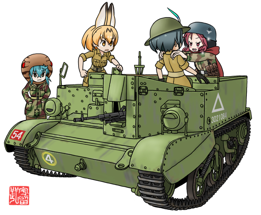 4girls alternate_costume blue_hair breast_pocket camouflage camouflage_jacket caterpillar_tracks gun hair_between_eyes hands_in_pockets hat_feather helmet jacket kaban_(kemono_friends) kemono_friends long_hair m.wolverine machine_gun medium_hair military_combat_uniform military_uniform multiple_girls pocket red_hair riku_(kemurikusa) rivets serval_(kemono_friends) sleeves_rolled_up tsuchinoko_(kemono_friends) universal_carrier unworn_headwear unworn_helmet weapon white_background yellow_eyes