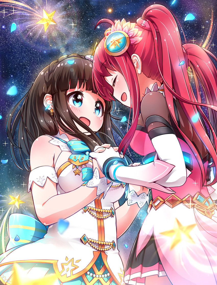 2girls absurdres ahoge asahina_kokomi battle_girl_high_school blue_eyes blush braid brown_hair clip_studio_paint_(medium) closed_eyes dress earrings facing_another hasumi_urara highres holding_hands jewelry long_hair looking_at_another multiple_girls open_mouth red_hair sky star_(sky) star_(symbol) starry_sky tamanegi_(12030028) twintails white_dress