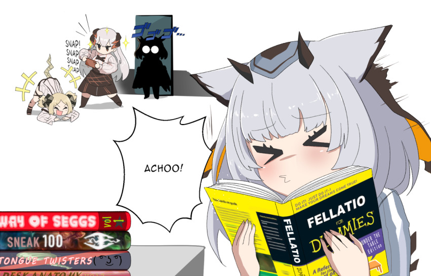 &gt;_&lt; 4girls alph_(sancheck) arknights book book_stack english_text for_dummies horns ifrit_(arknights) jack-o&#039;_challenge jojo_no_kimyou_na_bouken just_do_it_(meme) lenny_face magazine_(object) meme menacing_(jojo) multiple_girls owl_ears owl_girl pornography ptilopsis_(arknights) saria_(arknights) seggs_(meme) silence_(arknights) silhouette sneezing taking_picture the_elder_scrolls the_elder_scrolls_v:_skyrim top-down_bottom-up white_hair