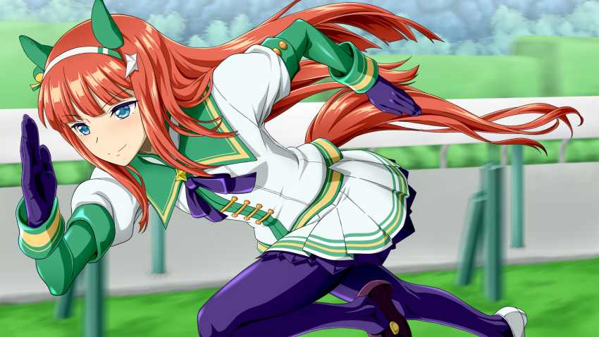 1girl animal_ears asymmetrical_footwear blue_eyes blunt_bangs bow bowtie ear_covers from_side gloves hairband highres hime_cut horse_ears horse_girl horse_racing_track horse_tail kitsutsuki_(dzgu4744) long_hair mismatched_footwear orange_hair orange_tail pantyhose pleated_skirt purple_bow purple_bowtie purple_gloves purple_pantyhose running silence_suzuka_(umamusume) skirt smile solo tail textless_version umamusume variant_set white_hairband white_skirt