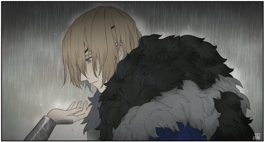 1boy arm_up black_fur blonde_hair blue_cape blue_eyes border female_byleth_(fire_emblem) cape closed_mouth commentary dimitri_alexandre_blaiddyd dimitri_alexandre_blaiddyd_(timeskip) eyepatch fire_emblem fire_emblem:_three_houses fur-trimmed_cape fur_trim hair_over_one_eye looking_at_another male_focus nicca_(nicca11y) nintendo one_eye_covered profile rain signature solo_focus storm upper_body wet wet_clothes wet_hair white_border white_fur
