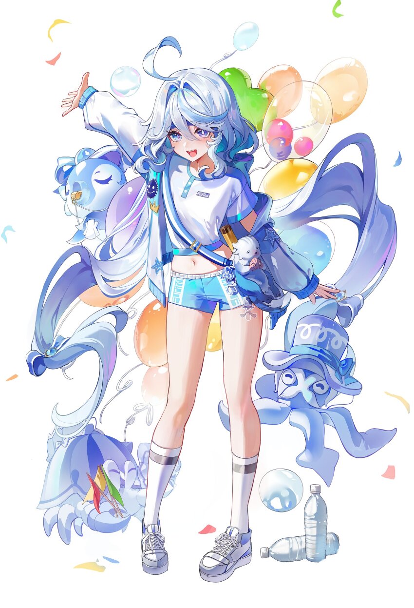1girl :d absurdres ahoge alternate_costume balloon blue_eyes blue_hair blue_pupils blue_shorts blush bottle commentary dasha drop-shaped_pupils full_body furina_(genshin_impact) genshin_impact gentilhomme_usher hair_between_eyes hand_up hashtag-only_commentary heterochromia highres leisurely_otter_(genshin_impact) long_hair long_sleeves looking_at_viewer mademoiselle_crabaletta midriff multicolored_hair navel open_mouth revision shirt shoes shorts simple_background smile socks solo standing surintendante_chevalmarin symbol-shaped_pupils very_long_hair water_bottle white_background white_hair white_shirt white_shoes white_socks