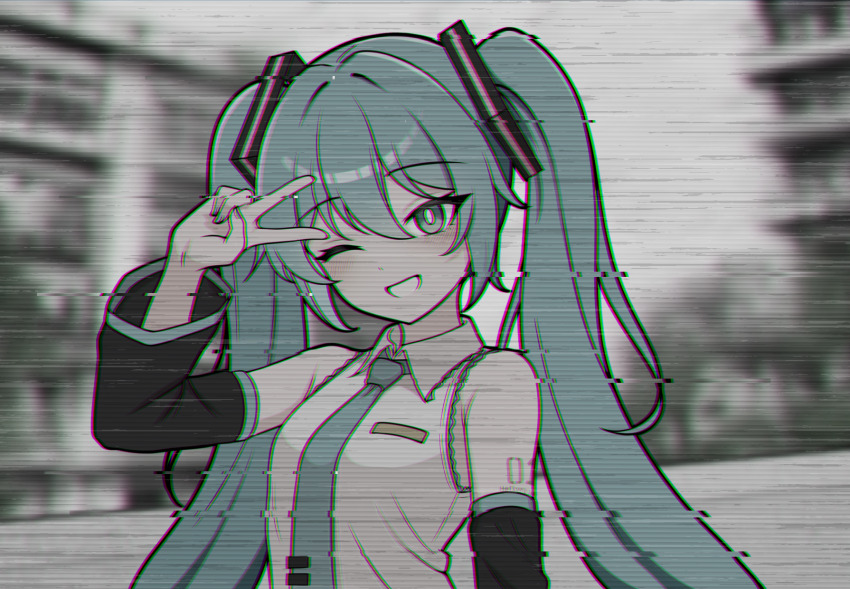 1girl aqua_eyes aqua_hair aqua_necktie armpit_crease bare_shoulders black_sleeves breasts bright_pupils collared_shirt commentary detached_sleeves glitch grey_background grin hair_ornament hatsune_miku head_tilt highres kumada_gaon light_blush long_hair looking_at_viewer medium_breasts necktie number_tattoo one_eye_closed open_mouth scanlines shirt smile solo static tattoo tsurime twintails upper_body v very_long_hair vocaloid white_pupils white_shirt