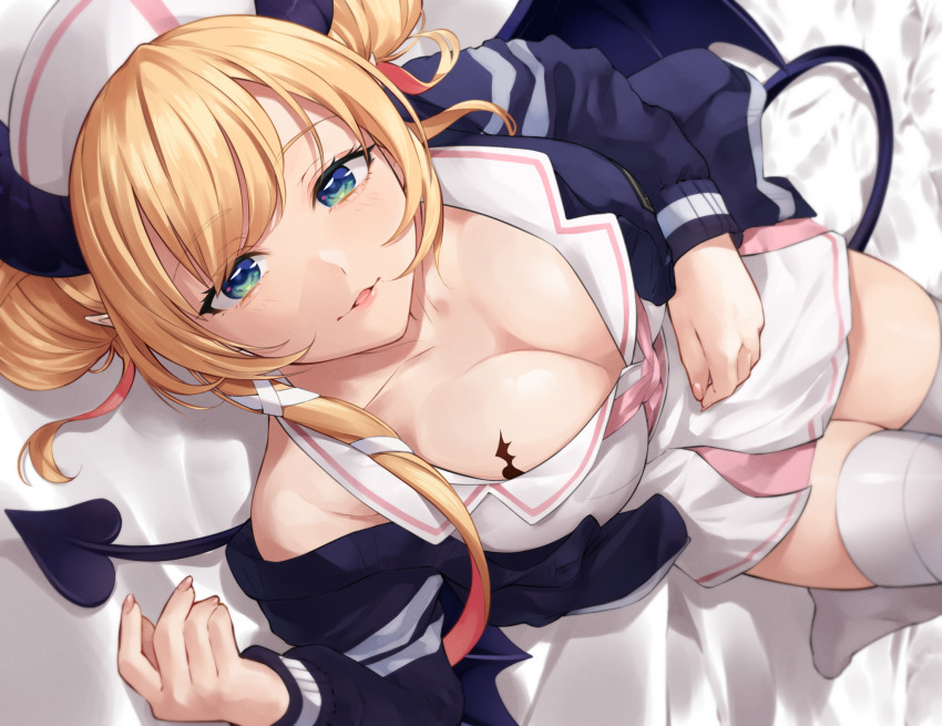 1girl black_horns black_jacket black_wings blonde_hair blue_eyes blush breast_tattoo breasts cleavage commentary demon_girl demon_horns demon_tail demon_wings double_bun dress dutch_angle hair_bun hat heart heart_tattoo highres hololive horns jacket knees_up large_breasts long_hair looking_at_viewer lying nurse nurse_cap off_shoulder official_alternate_costume on_back parted_lips pointy_ears rena_sakuma short_dress solo symbol-only_commentary tail tattoo thighhighs virtual_youtuber white_dress white_thighhighs winged_heart winged_heart_tattoo wings yuzuki_choco yuzuki_choco_(nurse)