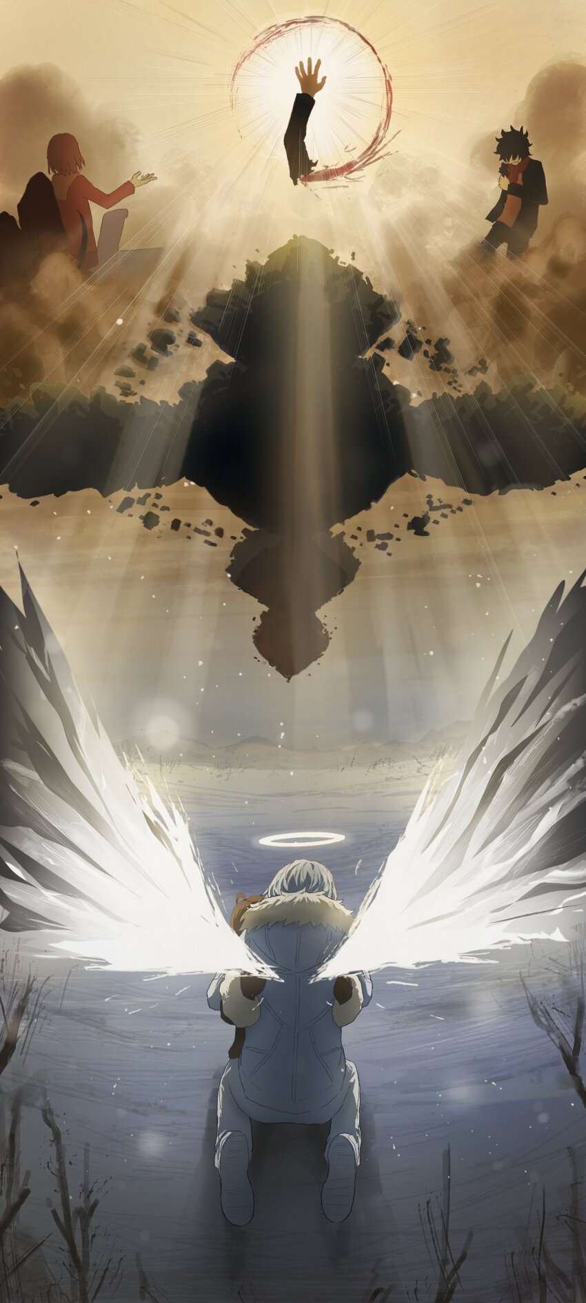 absurdres accelerator_(toaru_majutsu_no_index) black_hair black_jacket blood brown_gloves brown_hair brown_jacket cloud fiamma_of_the_right flying_fortress fortress gloves halo highres jacket kamijou_touma kneeling last_order_(toaru_majutsu_no_index) long_sleeves orange_hair orange_shirt pants red_scarf scarf severed_arm severed_limb shirt short_hair snow snowing star_of_bethlehem sunlight tatararashi toaru_majutsu_no_index toaru_majutsu_no_index:_old_testament white_footwear white_hair white_halo white_jacket white_pants white_wings wings wings_through_clothes