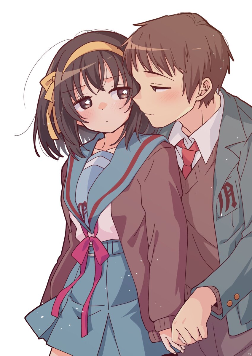 1boy 1girl blazer blue_sailor_collar blue_skirt blush breasts brown_eyes brown_hair brown_pants brown_sweater_vest closed_mouth collared_shirt commentary_request green_jacket hair_ribbon hairband hetero highres jacket kita_high_school_uniform kyon long_sleeves looking_at_another medium_hair necktie open_clothes open_jacket pants red_necktie red_ribbon ribbon sailor_collar school_emblem school_uniform serafuku shirt short_hair skirt smile suzumiya_haruhi suzumiya_haruhi_no_yuuutsu sweater_vest taiki_(6240taiki) white_shirt winter_uniform yellow_hairband yellow_ribbon