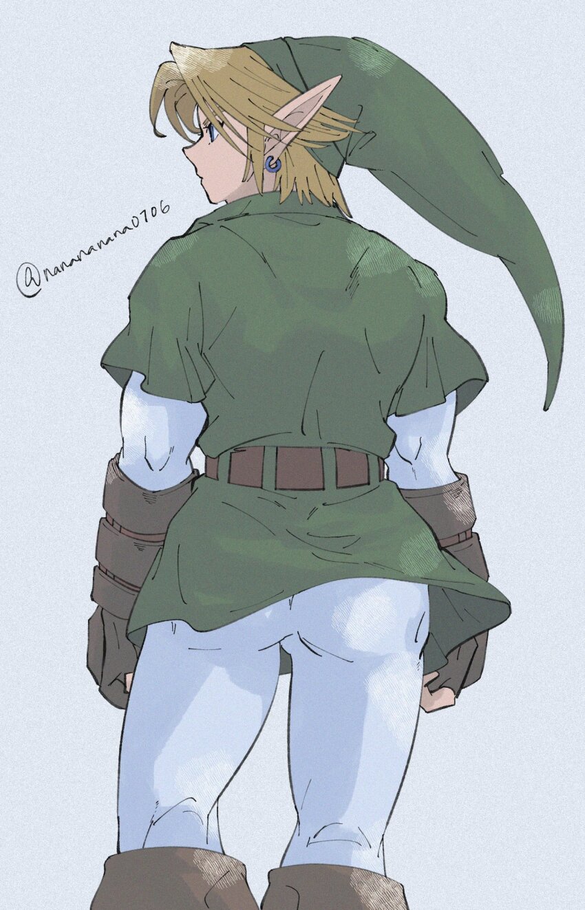 1boy blonde_hair blue_eyes boots brown_boots brown_gloves closed_mouth curtained_hair earrings film_grain fingerless_gloves from_behind gloves green_hat green_tunic hat highres jewelry layered_sleeves link long_pointy_ears long_sleeves looking_to_the_side male_focus nanananana0706 nintendo pants piercing pointy_ears profile shirt short_over_long_sleeves short_sleeves simple_background solo standing the_legend_of_zelda the_legend_of_zelda:_ocarina_of_time tunic twitter_username white_background white_pants white_shirt