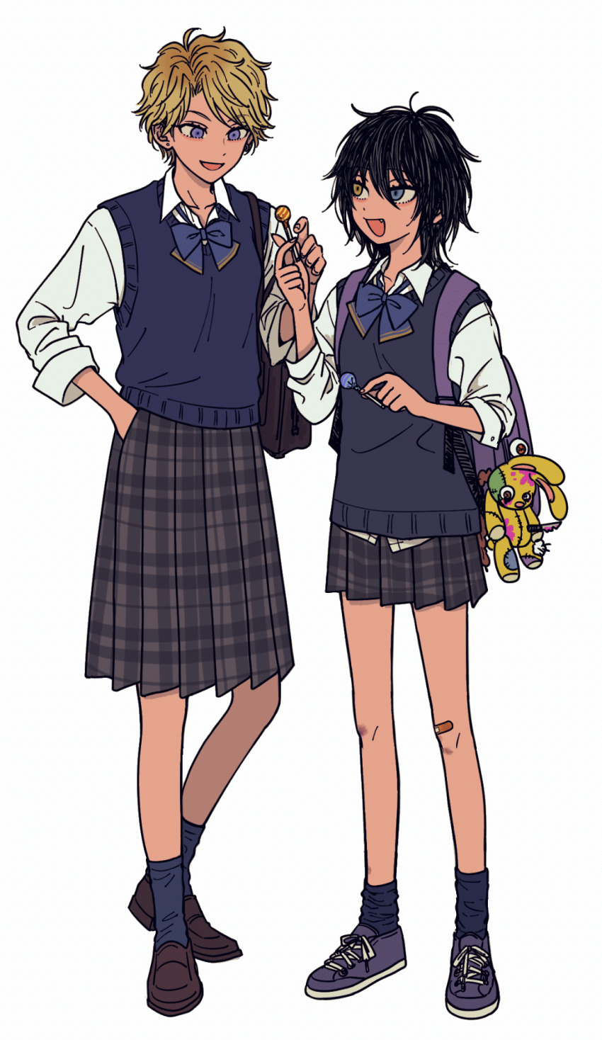 2girls backpack bag bandaid bandaid_on_knee bandaid_on_leg blonde_hair blue_bow blue_bowtie blue_socks blue_vest bow bowtie brown_footwear candy chupa_chups commentary_request ensemble_stars! eyelashes fang food full_body genderswap genderswap_(mtf) grin hand_in_pocket hand_up height_difference heterochromia highres holding holding_candy holding_food kagehira_mika lollipop looking_at_another looking_at_object medium_hair messy_hair mo_ja multiple_girls narukami_arashi open_mouth parted_bangs purple_background purple_eyes purple_footwear school_uniform short_hair simple_background skirt sleeves_rolled_up smile socks standing stuffed_animal stuffed_toy talking vest wavy_hair white_background