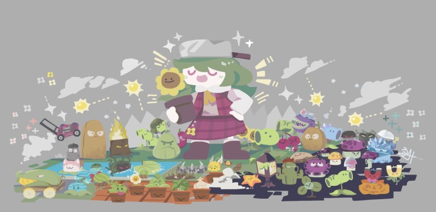 1girl :d absolutely_everyone blover_(plants_vs_zombies) blue_hat blush cabbage-pult_(plants_vs_zombies) cactus_(plants_vs_zombies) cherry_bomb_(plants_vs_zombies) chomper_(plants_vs_zombies) closed_eyes cloud cob_cannon_(plants_vs_zombies) coffee_bean_(plants_vs_zombies) commentary doom-shroom_(plants_vs_zombies) emphasis_lines english_commentary everyone facing_viewer flower flower_pot flower_pot_(plants_vs_zombies) fume-shroom_(plants_vs_zombies) garlic_(plants_vs_zombies) gatling_pea_(plants_vs_zombies) gloom-shroom_(plants_vs_zombies) gold_magnet_(plants_vs_zombies) grass grave_buster_(plants_vs_zombies) green_hair grey_background hand_on_own_hip hat highres holding holding_flower_pot hypno-shroom_(plants_vs_zombies) ice-shroom_(plants_vs_zombies) imitater_(plants_vs_zombies) jalapeno_(plants_vs_zombies) kazami_yuuka kernel-pult_(plants_vs_zombies) lawnmower lily_pad_(plants_vs_zombies) long_hair long_sleeves magnet-shroom_(plants_vs_zombies) marigold_(plants_vs_zombies) melon-pult mob_cap mushroom neckerchief open_mouth plaid_clothes plaid_skirt plaid_vest plant plantern_(plants_vs_zombies) plants_vs_zombies pot_on_head potato_mine_(plants_vs_zombies) puff-shroom_(plants_vs_zombies) pumpkin_(plants_vs_zombies) red_skirt red_vest repeater_(plants_vs_zombies) saigyouji_yuyuko scaredy-shroom_(plants_vs_zombies) sea-shroom_(plants_vs_zombies) shirt signature simple_background skirt skirt_set smile snow_pea_(plants_vs_zombies) solo sparkle spikerock_(plants_vs_zombies) spikeweed_(plants_vs_zombies) split_pea_(plants_vs_zombies) squash_(plants_vs_zombies) starfruit_(plants_vs_zombies) sun sun-shroom_(plants_vs_zombies) sunflower_(plants_vs_zombies) tall-nut_(plants_vs_zombies) tangle_kelp_(plants_vs_zombies) thatpebble threepeater_(plants_vs_zombies) torchwood_(plants_vs_zombies) touhou triangular_headpiece twin_sunflower_(plants_vs_zombies) umbrella_leaf_(plants_vs_zombies) vest wall-nut_(plants_vs_zombies) water white_shirt winter_melon_(plants_vs_zombies) yellow_neckerchief