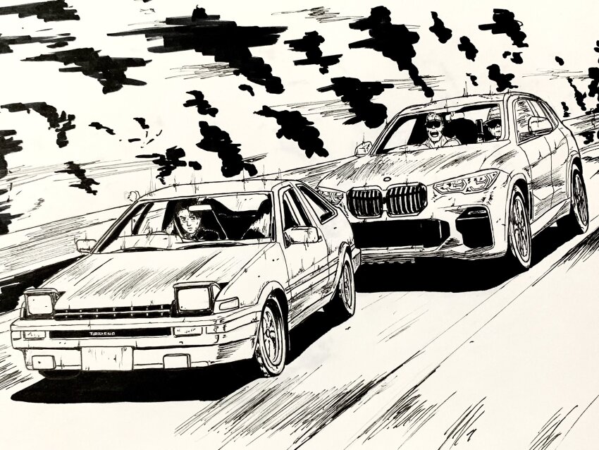3boys bmw bmw_x5 car driving fujiwara_takumi fujiwara_takumi&#039;s_toyota_trueno_ae86 greyscale highres initial_d laughing monochrome motion_lines multiple_boys open_mouth shadow smile sports_utility_vehicle sumakun sunglasses toyota toyota_sprinter_trueno vehicle_focus vehicle_request