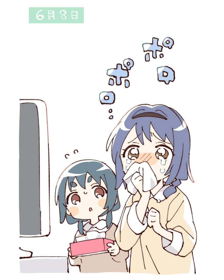 2girls :o black_hairband blue_hair blush_stickers box braid brown_shirt collared_shirt commentary cropped_torso crying flying_sweatdrops furutani_himawari furutani_kaede hairband highres holding holding_box holding_tissue long_sleeves looking_at_another multiple_girls namori open_mouth shirt short_hair siblings simple_background sisters symbol-only_commentary tears television thick_eyebrows tissue_box translation_request twin_braids watching_television white_background wiping_tears yellow_shirt yuru_yuri