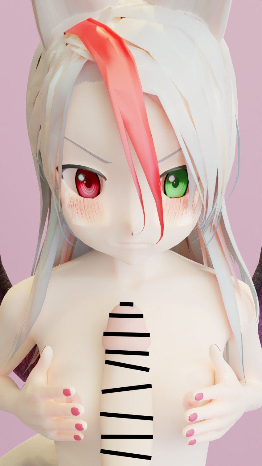 3d angry animal_ears blush breast_hold breasts embarrassed flat_chest fox_ears fox_girl heterochromia highres naizuri nipples original paizuri pout self-upload sigmathefox small_breasts wings