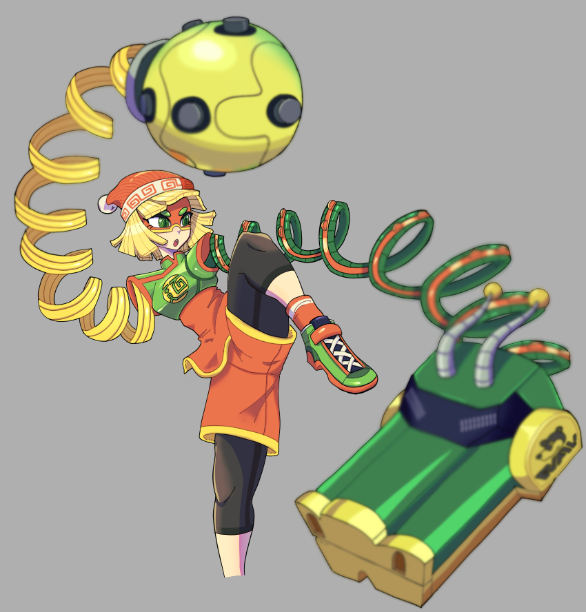 1girl @_@ arms_(game) beanie blonde_hair bob_cut dragon_(arms) eye_mask frillza green_eyes green_shoes hat leg_up leggings_under_shorts megawatt_(arms) min_min_(arms) orange_hat orange_shorts shoes short_hair shorts solo stretched_limb