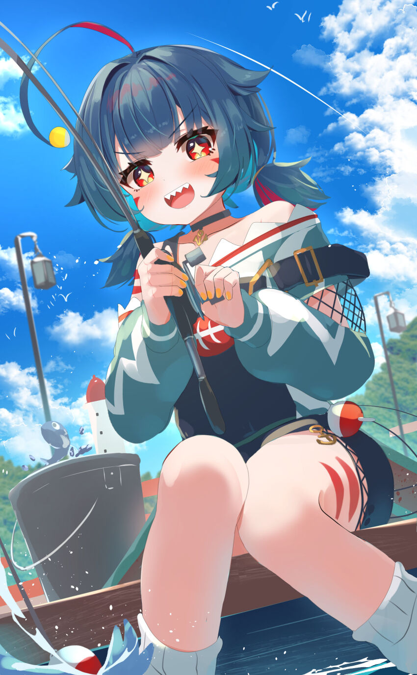 1girl absurdres anchor anglerfish_girl antenna_hair loose_socks bare_legs bare_shoulders bioluminescence blue_hair blue_sky bucket choker cloud dutch_angle fish_girl fishing fishing_lure fishing_rod flat_chest gills glowing hai_0013 happy highres indie_virtual_youtuber kitanya_nyanta lamppost light_blush looking_at_viewer multicolored_hair multicolored_shirt no_feet outdoors pale_skin petite pier red_eyes second-party_source sharp_teeth shore short_twintails sky socks solo splashing teeth twintails virtual_youtuber water white_socks