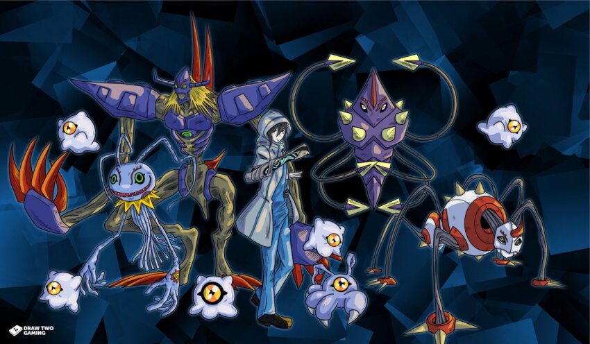 chrysalimon diablomon digimon digimon_story:_cyber_sleuth evolutionary_line floating horns infermon keramon kuramon looking_at_viewer monster sanada_arata tentacles tsumemon