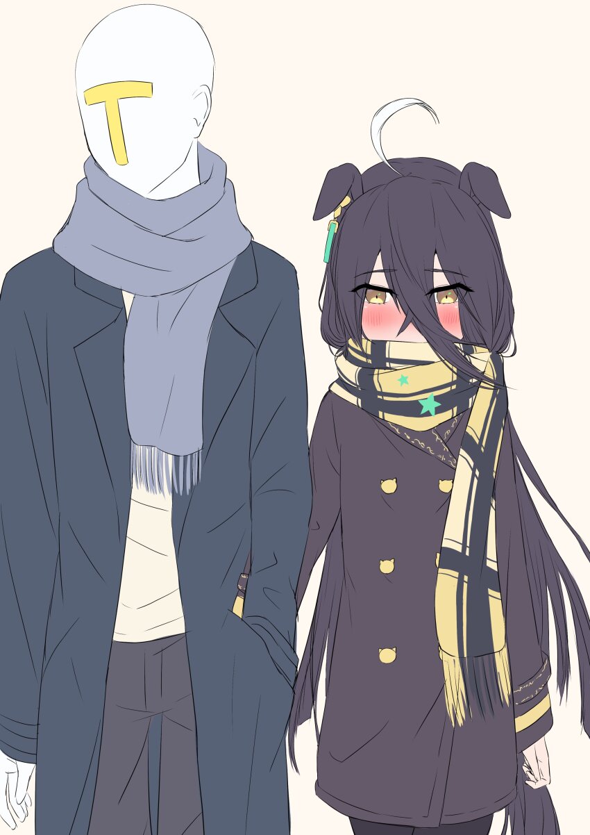 1boy 1girl absurdres ahoge animal_ears averting_eyes black_coat black_hair black_pantyhose blue_scarf blush brown_pants coat ear_tag earrings ears_down flat_chest hand_in_another&#039;s_pocket hand_in_pocket height_difference high_heels highres holding_hands horse_ears horse_girl horse_tail jewelry long_hair long_sleeves manhattan_cafe_(umamusume) multicolored_hair open_clothes open_coat pants pantyhose plaid_clothes plaid_scarf reo-illust4696 scarf shirt simple_background single_earring t-head_trainer_(umamusume) tail trainer_(umamusume) umamusume very_long_hair white_background white_hair white_shirt yellow_eyes yellow_scarf