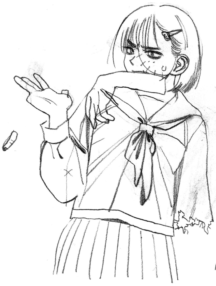 1girl hair_ornament hairclip highres injury long_sleeves noobboy_02 pleated_skirt sailor_collar school_uniform serafuku short_hair sketch skirt solo sweat torn_clothes traditional_media upper_body white_background