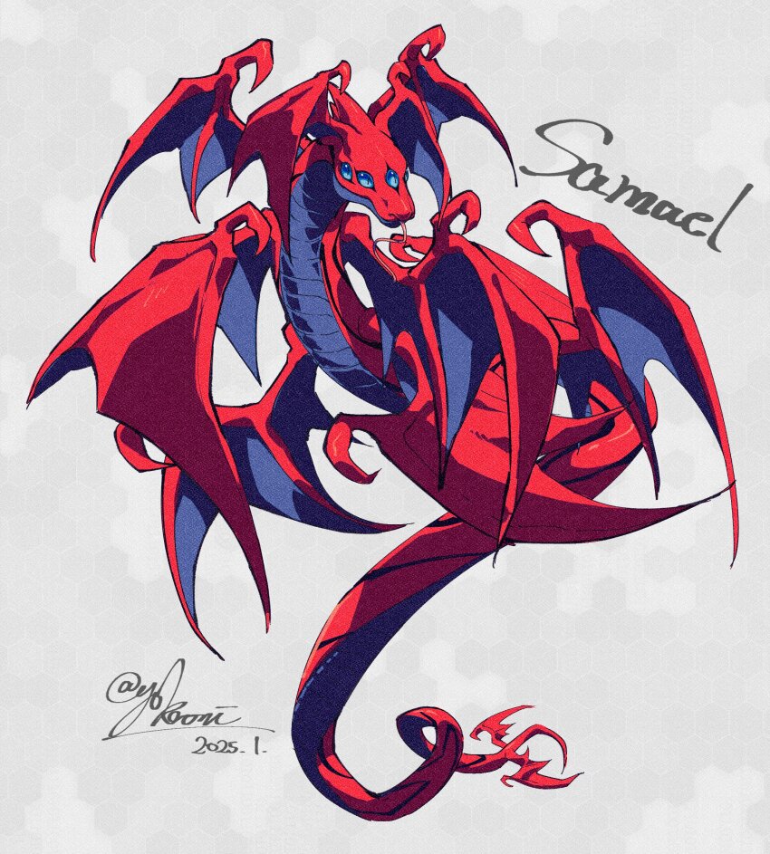 absurdres blue_eyes character_name dated demon_(megami_tensei) extra_eyes film_grain full_body head_wings hexagon highres horns looking_ahead multiple_wings no_humans samael_(megami_tensei) shin_megami_tensei signature simple_background slit_pupils snake tail tongue tongue_out white_background winged_tail wings yokaroni