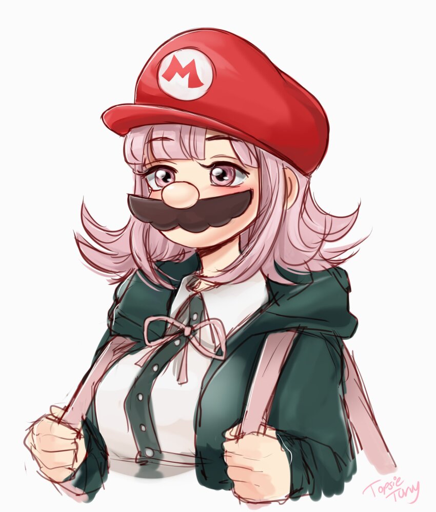1girl black_jacket cosplay cropped_torso danganronpa_(series) danganronpa_2:_goodbye_despair dress_shirt fake_facial_hair fake_mustache grey_background highres hood hood_down hooded_jacket jacket long_sleeves mario mario_(cosplay) mario_(series) medium_hair nanami_chiaki neck_ribbon nintendo pink_eyes pink_hair pink_ribbon red_headwear ribbon shirt simple_background solo topsieturvy upper_body white_shirt