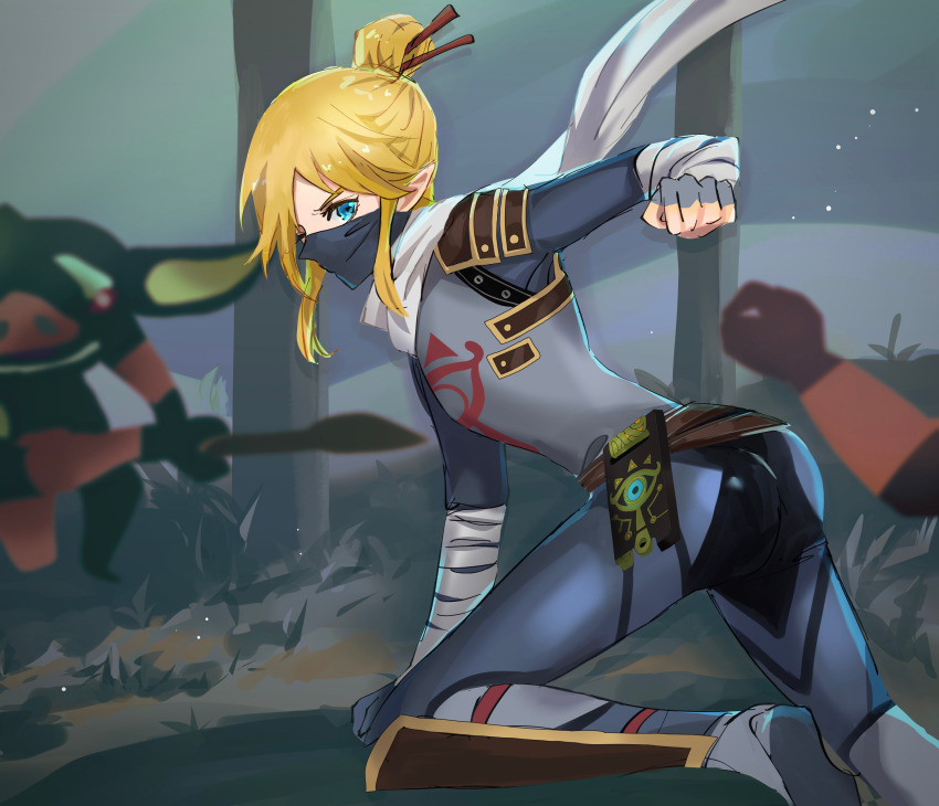 1boy absurdres blonde_hair blue_eyes bodysuit bokoblin clenched_hands fingerless_gloves gloves hair_bun hair_ornament hair_stick helen_(helen2210hk) highres link looking_at_viewer male_focus mask mouth_mask ninja_mask nintendo official_alternate_costume pointy_ears running scarf sheikah_slate short_hair stealth_set_(zelda) the_legend_of_zelda the_legend_of_zelda:_breath_of_the_wild