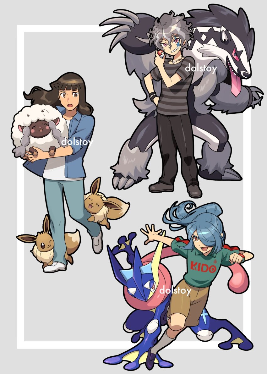 3boys aqua_hair aqua_pants artist_name black_footwear black_pants blue_shirt brown_eyes brown_hair brown_shorts collared_shirt crossover dolustoy eevee facial_mark gen_1_pokemon gen_6_pokemon gen_8_pokemon green_shirt greninja grey_background grey_hair hair_over_one_eye highres holding holding_poke_ball holding_pokemon inazuma_eleven_(series) inazuma_eleven_ares_no_tenbin jewelry kazemaru_ichirouta kira_hiroto kneehighs long_hair looking_at_viewer male_focus michinari_tatsumi multicolored_hair multiple_boys necklace nintendo obstagoon open_clothes open_mouth open_shirt pants pink_eyes poke_ball poke_ball_(basic) pokemon pokemon_(creature) ponytail running shirt shorts soccer_uniform socks sportswear striped_clothes striped_shirt teikoku two-tone_background two-tone_hair white_footwear white_shirt white_socks wooloo wristband