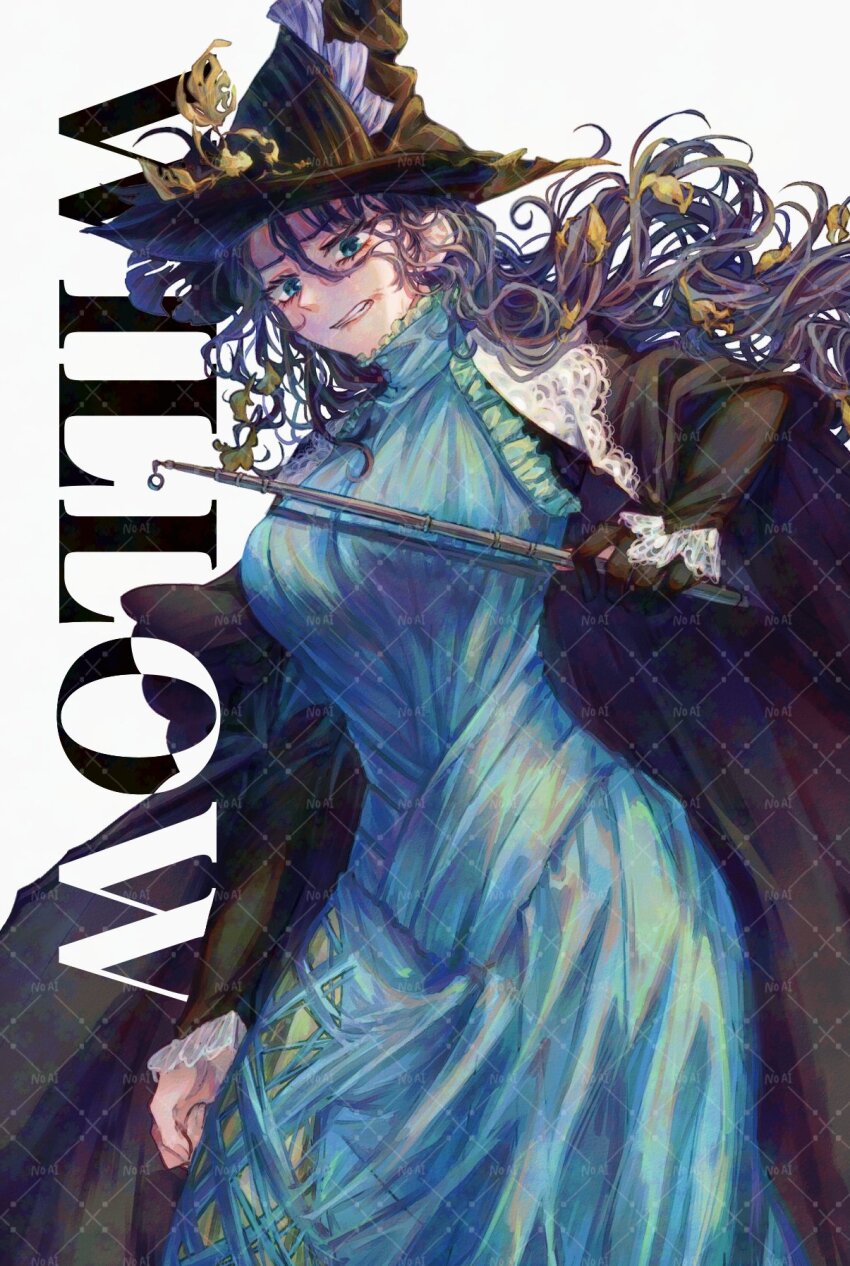 1girl black_cape black_gloves black_hair black_hat black_sleeves blue_dress blue_eyes cape character_name clenched_teeth cowboy_shot dress furrowed_brow gloves hair_ornament hand_up hat hat_ornament high_collar highres holding holding_wand leaf_hair_ornament leaf_hat_ornament long_dress long_hair long_sleeves looking_down nak_a_rt reverse:1999 single_glove solo teeth wand watermark watermark_grid wavy_hair white_background willow_(reverse:1999) witch_hat