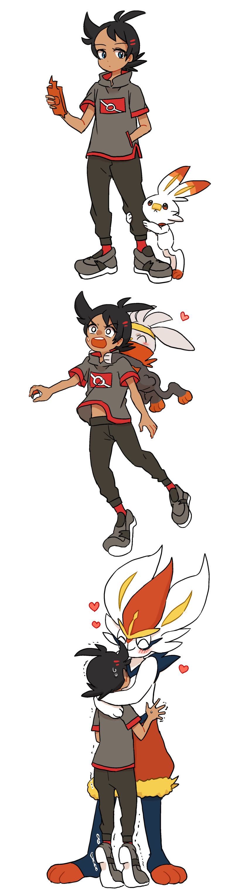 1boy 3koma absurdres black_hair black_pants blue_eyes cinderace comic dark-skinned_male dark_skin evolution evolutionary_line eyelashes gen_4_pokemon gen_8_pokemon goh_(pokemon) grey_footwear grey_shirt hair_ornament hairclip hand_in_pocket heart highres holding holding_phone holding_poke_ball hug hug_from_behind hugging_own_legs jumping lifting_another&#039;s_clothes nintendo pants phone poke_ball poke_ball_(basic) pokemon pokemon_(anime) pokemon_(creature) pokemon_journeys pokemon_swsh raboot red_legwear rotom rotom_phone scorbunny shirt shoes short_sleeves sneakers socks spiked_hair sweat trembling white_background