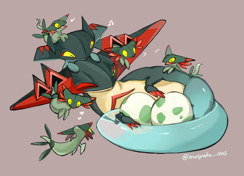 6+others ^_^ claws closed_eyes colored_sclera cradling dragapult drakloak dreepy egg evolutionary_line floating gen_8_pokemon heart highres holding holding_egg lying mochako_(motyako_1005) multiple_others musical_note nintendo no_humans on_head on_side pokemon pokemon_(creature) pokemon_egg pokemon_on_head signature tail yellow_sclera