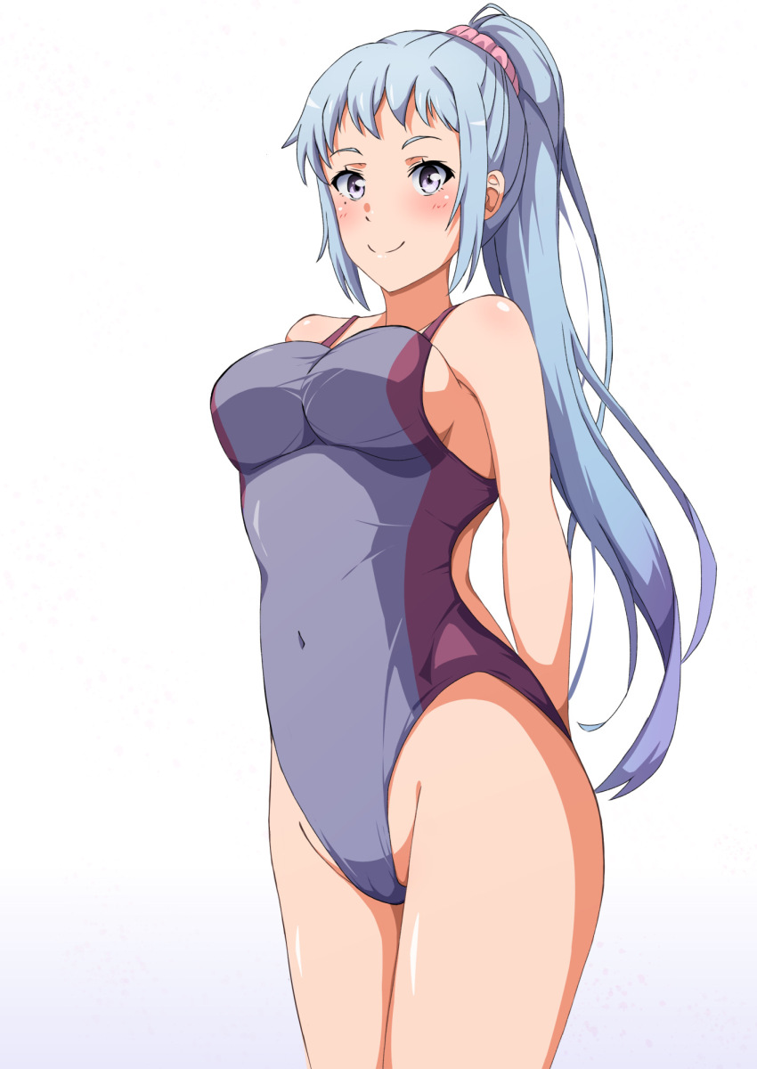 1girl blue_hair breasts closed_mouth commentary_request competition_swimsuit covered_navel grey_one-piece_swimsuit hair_ornament hair_scrunchie highres kawasaki_saki konoyan large_breasts long_hair looking_at_viewer one-piece_swimsuit pink_scrunchie ponytail scrunchie simple_background smile solo standing swimsuit very_long_hair white_background yahari_ore_no_seishun_lovecome_wa_machigatteiru.