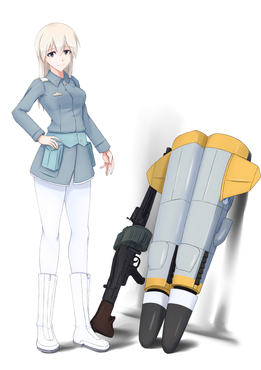 1girl absurdres blonde_hair blue_jacket boots breasts buttons double-drum_magazine drum_magazine eila_ilmatar_juutilainen gun hand_on_own_hip high-capacity_magazine highres isosceles_triangle_(xyzxyzxyz) jacket knee_boots leggings long_hair looking_at_viewer machine_gun magazine_(weapon) medium_breasts mg_34 purple_eyes saddle-drum smile solo standing strike_witches striker_unit weapon white_background white_boots white_leggings world_witches_series