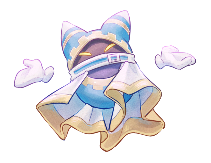 1boy animal_ears belt blue_hood cape closed_mouth disembodied_hand glowing glowing_eyes happy hood kirby_(series) magolor male_focus nintendo outstretched_arms rayman_limbs shaded_face simple_background solo somayumi white_background yellow_eyes