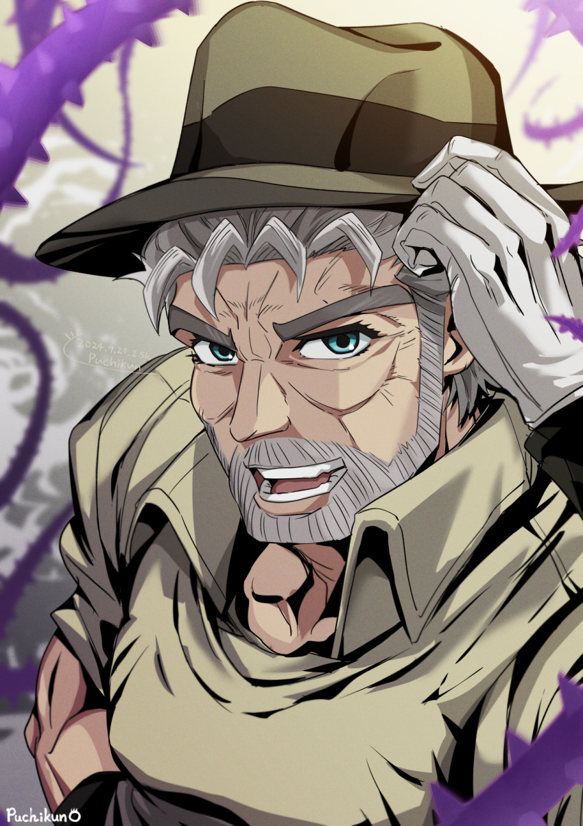 1boy beard blue_eyes facial_hair gloves grey_hair hat hermit_purple highres jojo_no_kimyou_na_bouken joseph_joestar joseph_joestar_(old) male_focus muscular muscular_male old old_man plant puchikun shirt short_sleeves solo stand_(jojo) stardust_crusaders thorns vines white_gloves yellow_hat yellow_shirt
